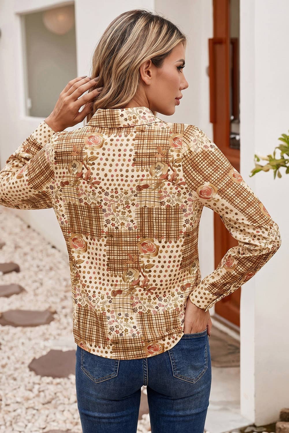 Patchwork Lace Trim Shirt Long Sleeve Casual Blouse