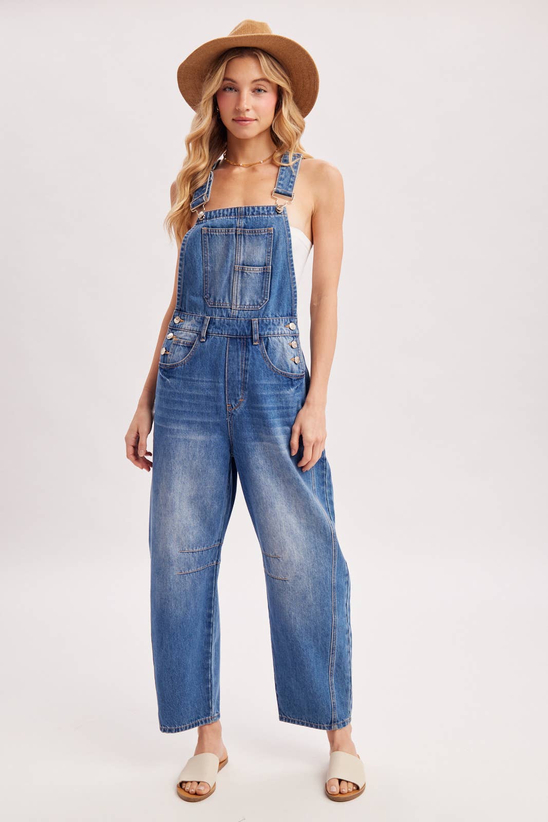 DENIM BARREL OVERALLS: LT.WASH / M