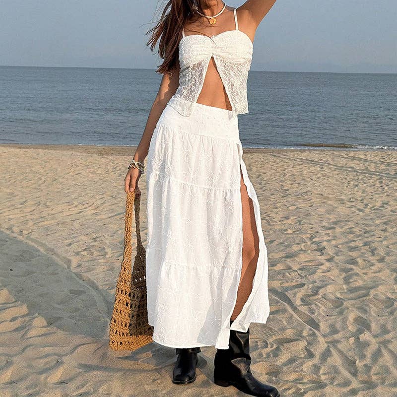 High Waist Embroidered Split Maxi Skirt