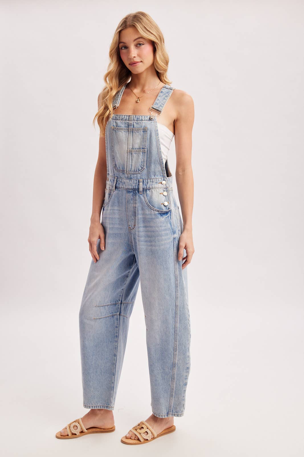 DENIM BARREL OVERALLS: LT.WASH / L