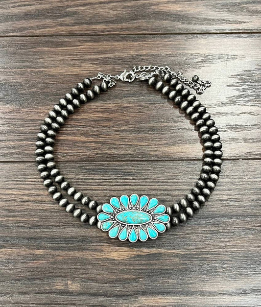 Double Strand Navajo Bead and Turquoise Concho Necklace