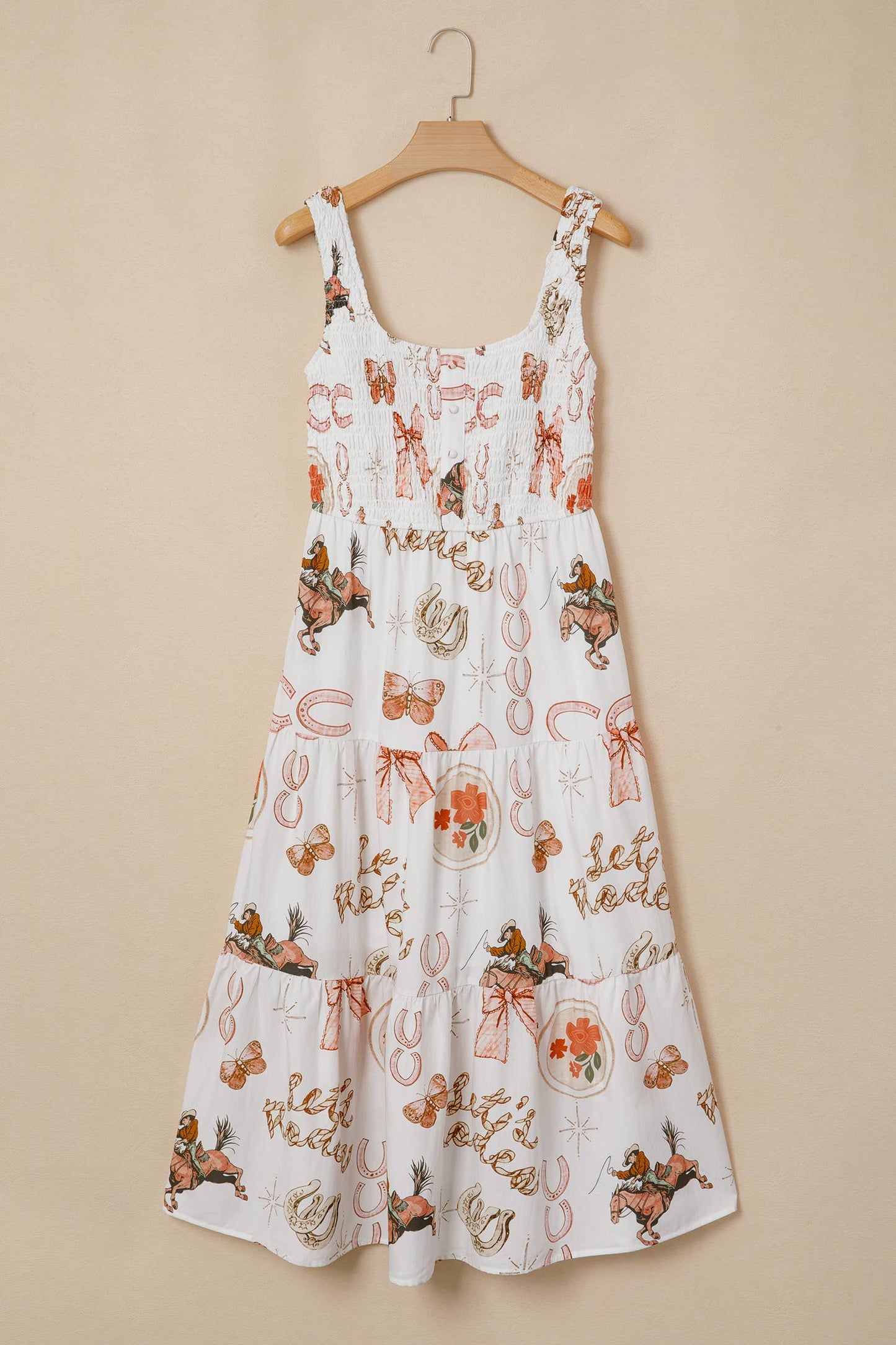 Western Horseshoes Printed U Neck Smocked Midi Dress