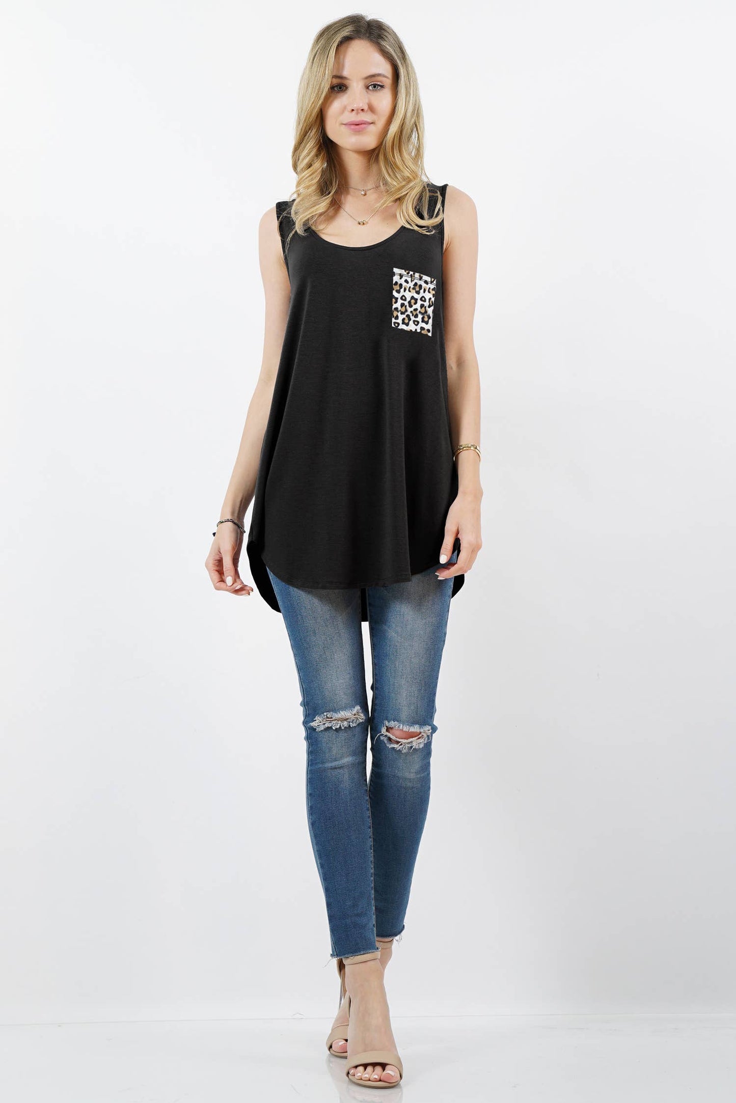 Leopard pocket sleeveless tunic-Black