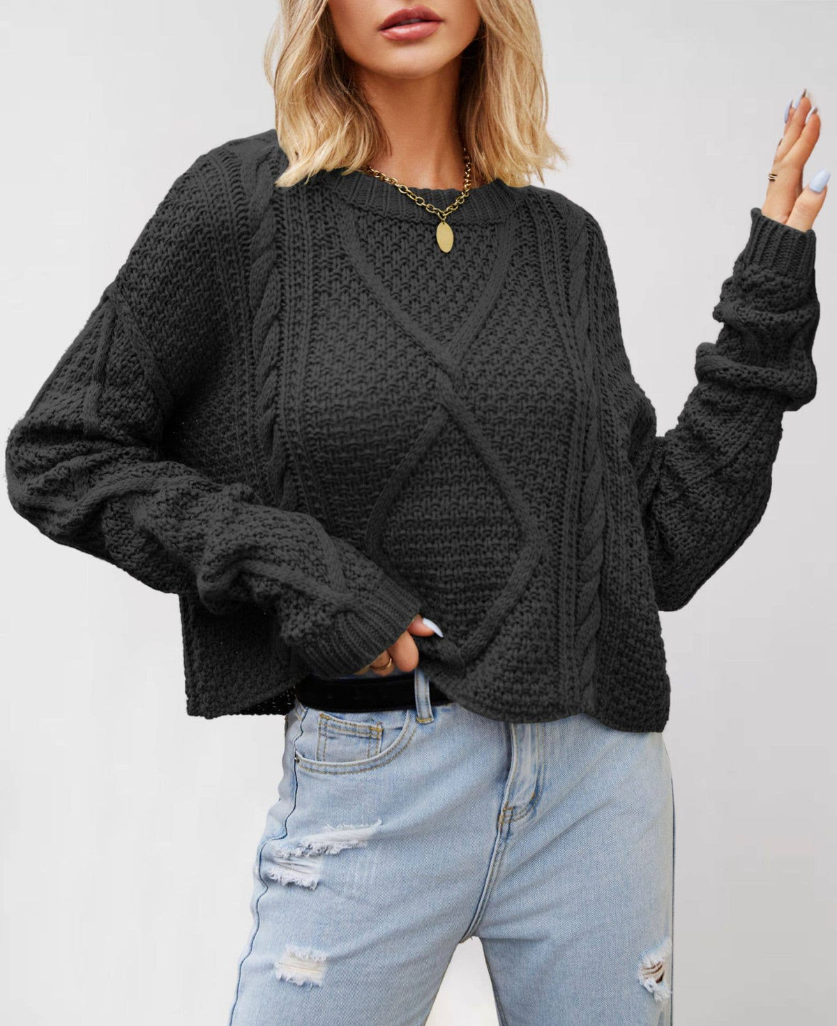 Chunky Cable Knit Pullover Sweater: Brown / Missy / L