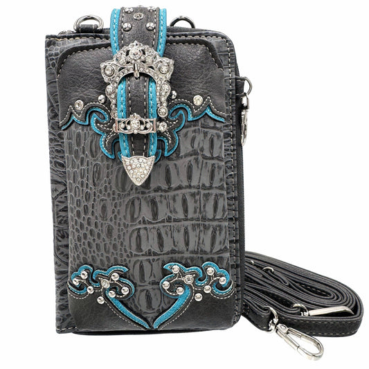 Croc Leather Buckle Western Crossbody Phone Wallet: Grey