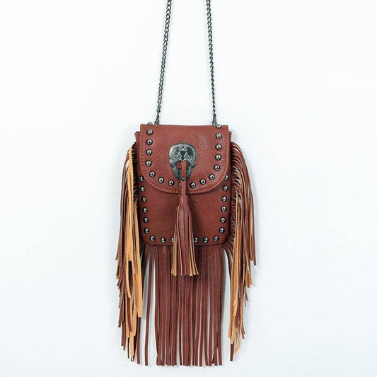 Fashionable Soft Leather Rivet Fringe Chain Bag: Brown
