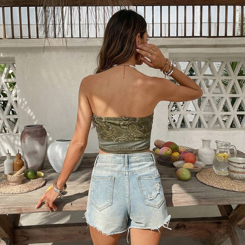 Boho Paisley Strapless Bandeau Handkerchief Top: Army Green / 95%Polyester 5% Elastane / L