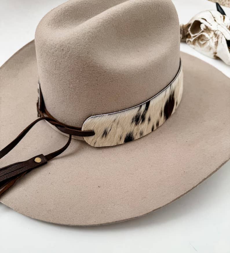 1.65” COWHIDE HAT BAND Leather Hat Band leather ties: PINK + SILVER SPECS