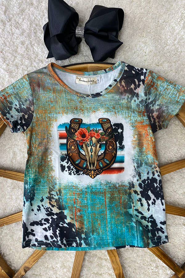 XCH0722-102H Horse shoe & bull skull printed girls t-shirt: S-2/3