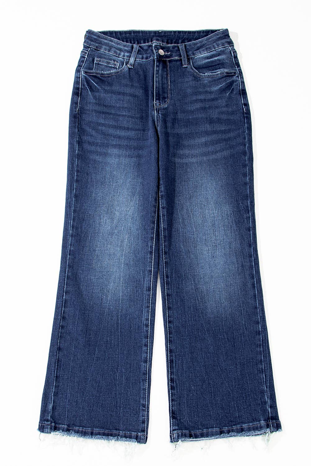 Sail Blue Mineral Wash Raw Hem High Waist Flared Jeans: Sail Blue / 71%Cotton+27.5%Polyester+1.5%Elastane / 8