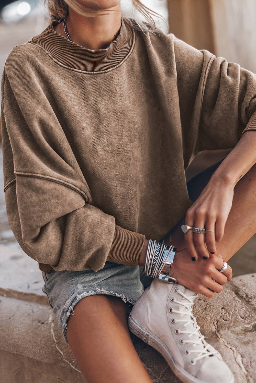 Solid Color Drop Shoulder Crew Neck Pullover Sweatshirt: Brown / 75%Polyester+25%Cotton / M