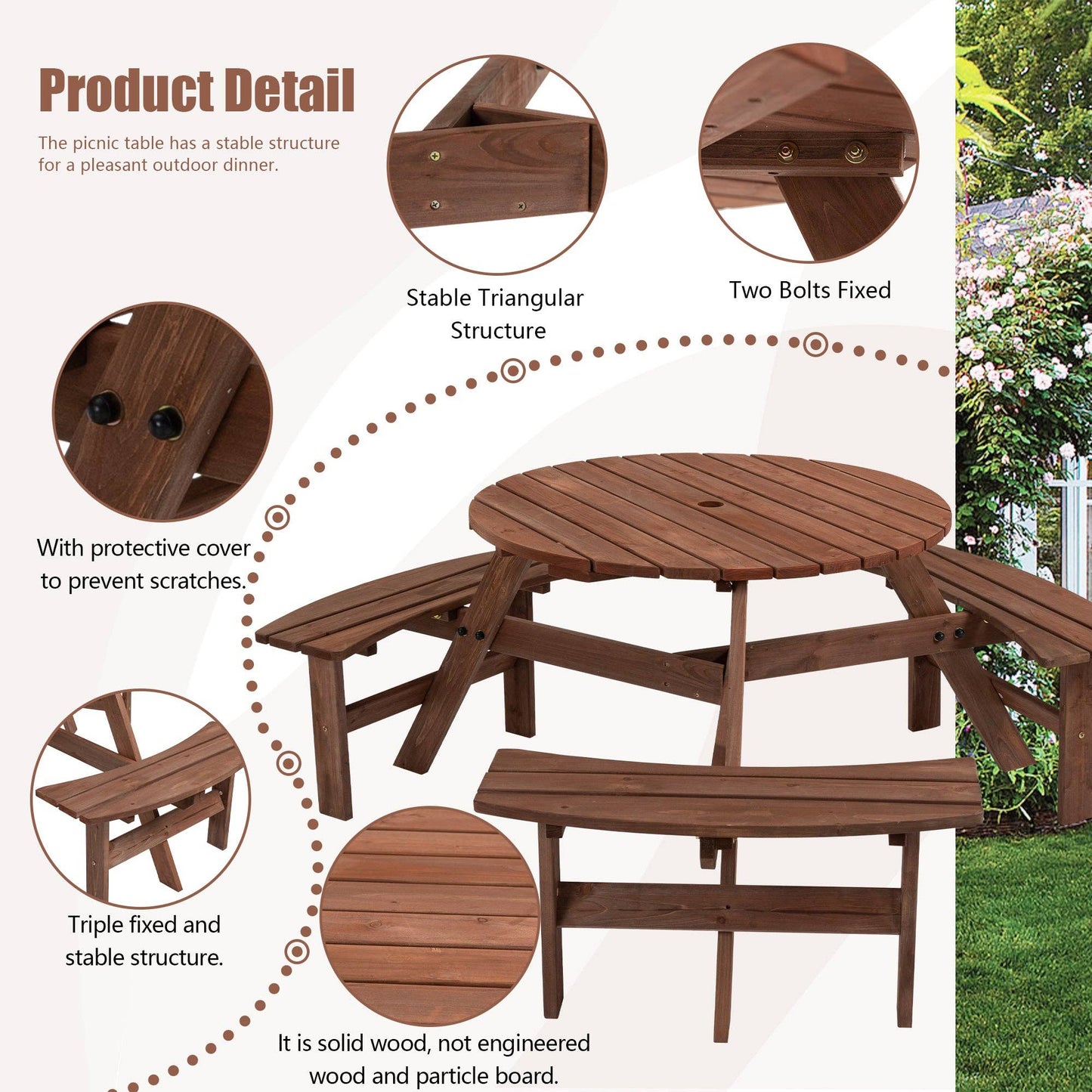 6-Person Outdoor Wooden Picnic Table with Benches–Brown/Natu: Brown