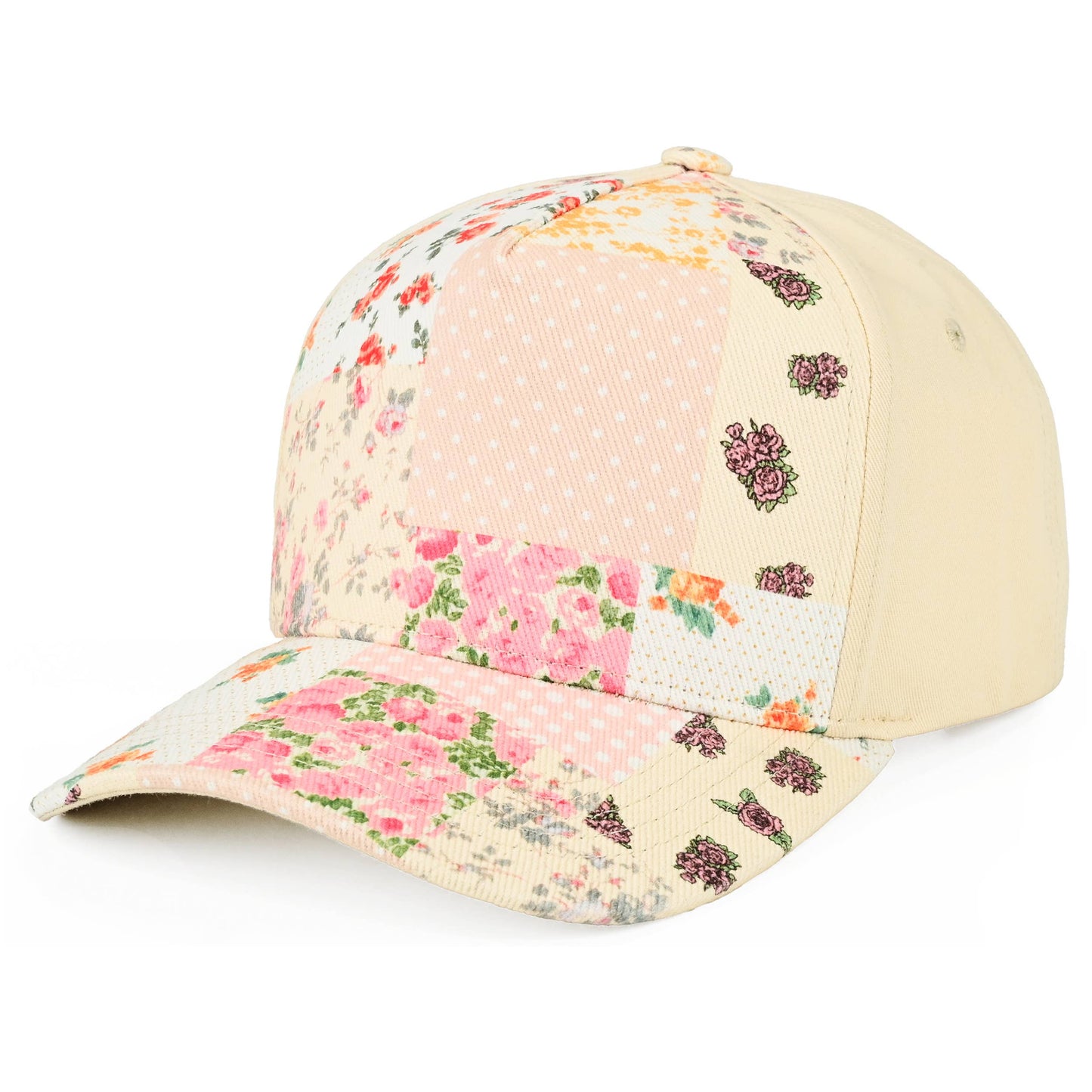 C.C Floral Patchwork Brim Criss-Cross Ponytail Trucker Hat: Beige