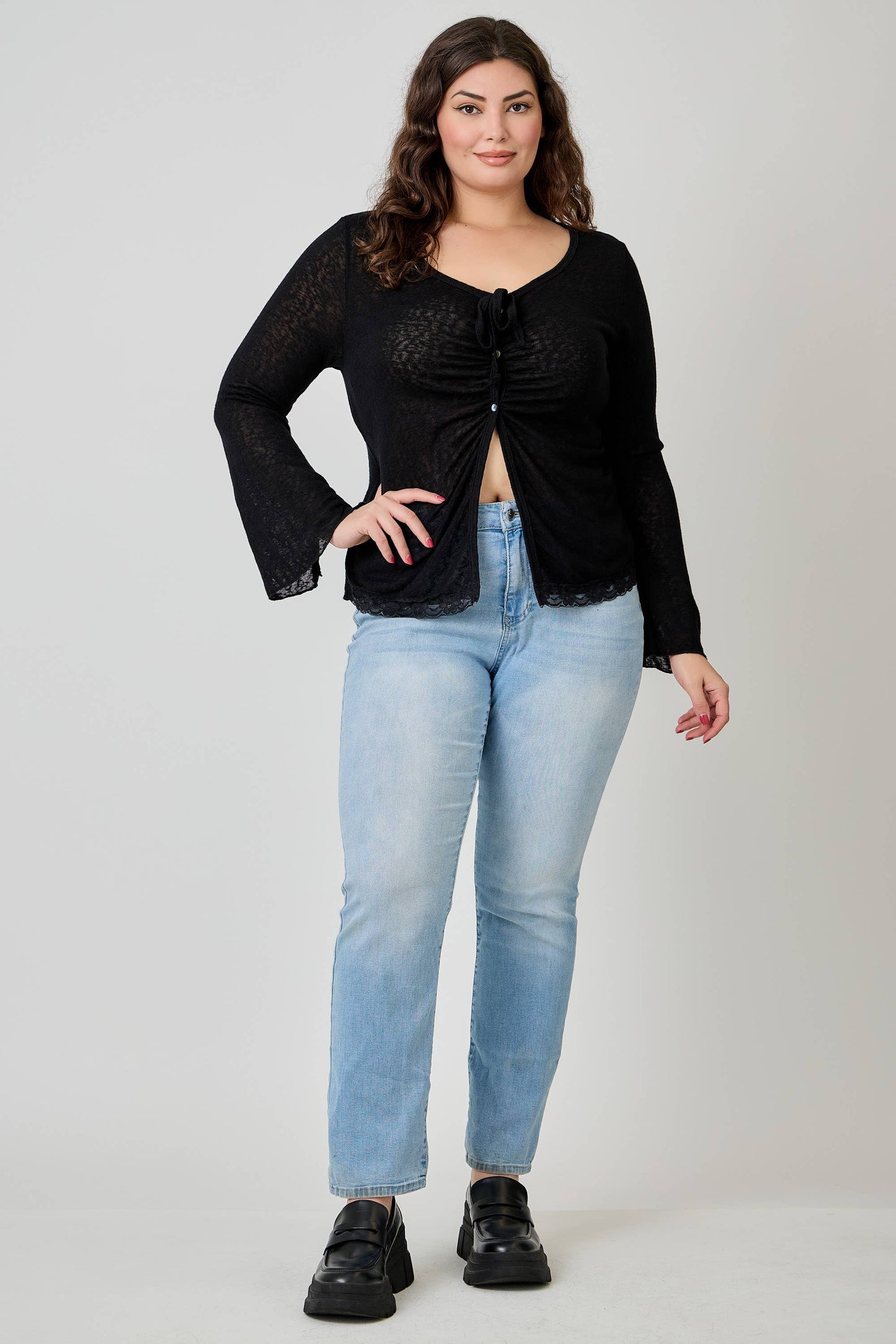 Plus Size Lightweight Knit Front Tie-Front Cardigan