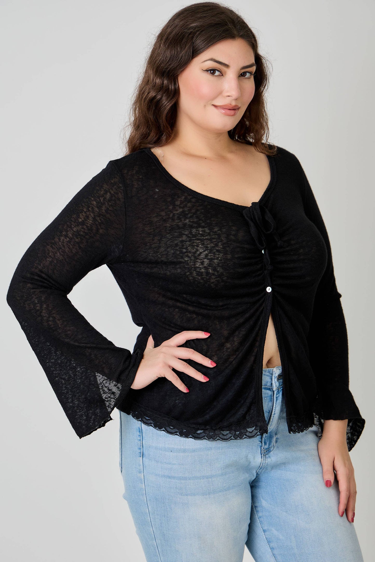 Plus Size Lightweight Knit Front Tie-Front Cardigan