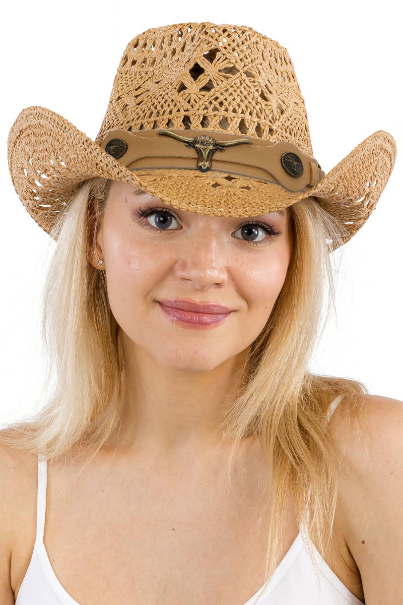 Longhorn Monochrome Belt Crochet Woven Cowboy Hat