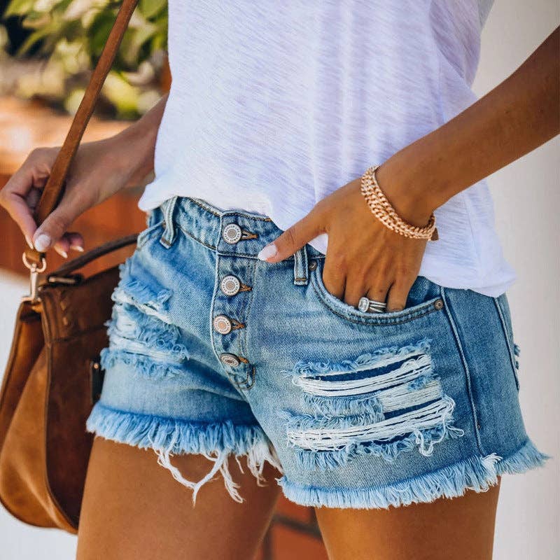 Washed Distressed Denim Shorts Slim Fit