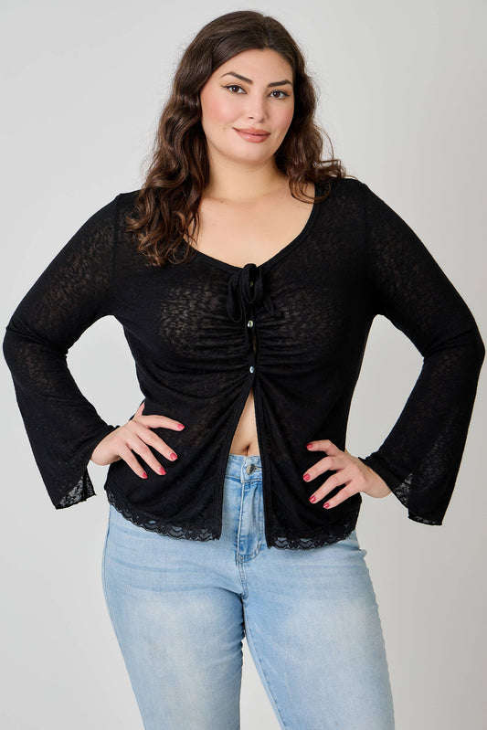 Plus Size Lightweight Knit Front Tie-Front Cardigan