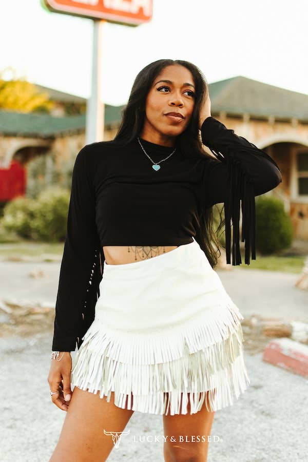 Ivory Stitched Tier Fringe Skirt