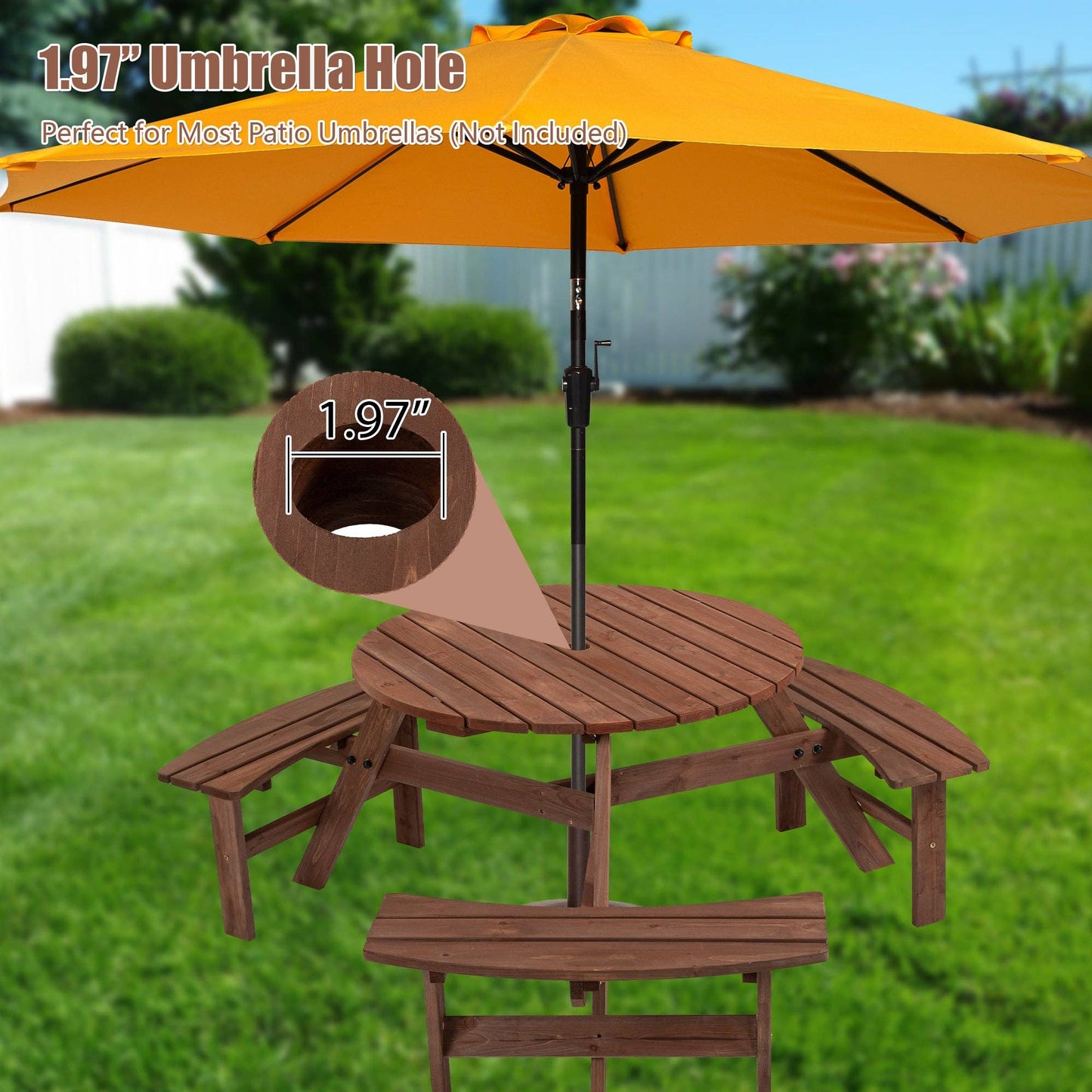 6-Person Outdoor Wooden Picnic Table with Benches–Brown/Natu: Brown