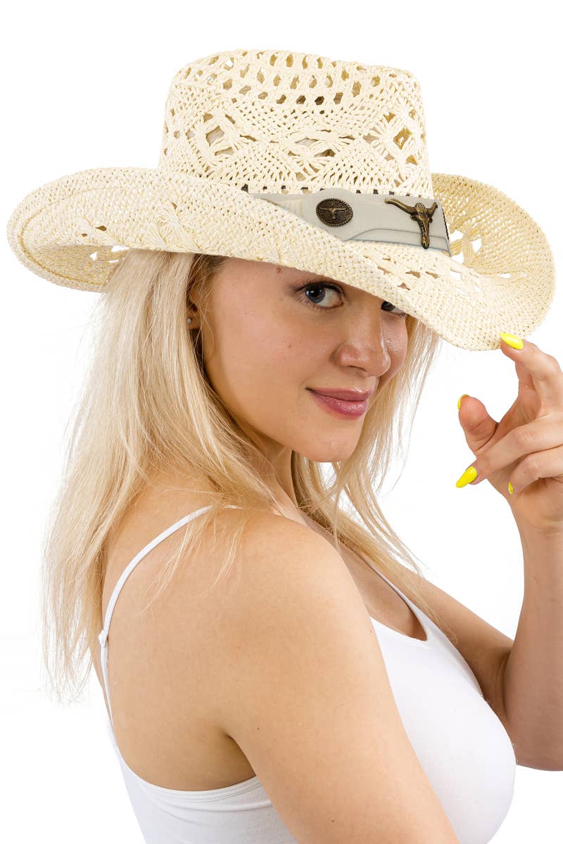 Longhorn Monochrome Belt Crochet Woven Cowboy Hat
