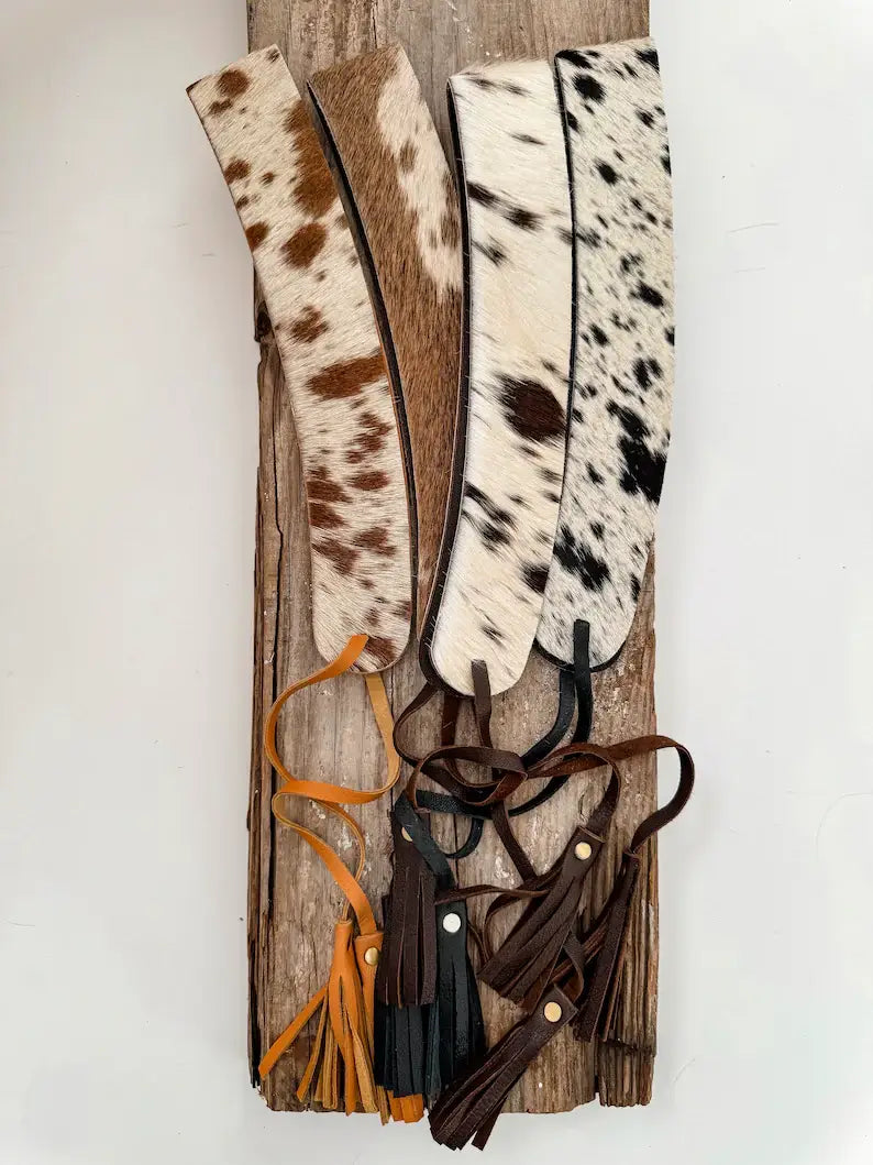 1.65” COWHIDE HAT BAND Leather Hat Band leather ties: BROWN + WHITE COWHIDE