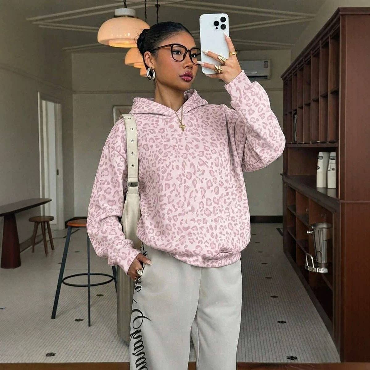 Leopard Hoodie Oversized Casual Pullover Sweatshirt: Gray Leopard / 65%viscose+35%polyester / L