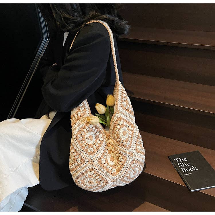 Crochet Knit Tote Bag Boho Shoulder Bag for Women: Khaki