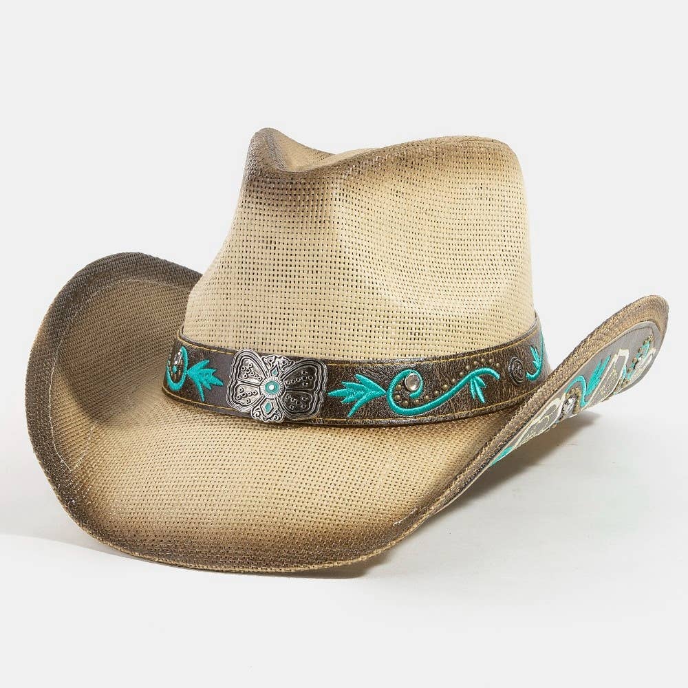 Western Butterfly Concho Detail Straw Cowboy Hat