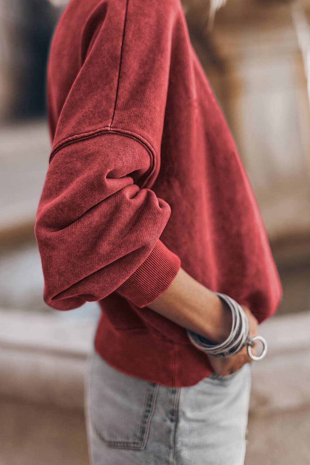 Solid Color Drop Shoulder Crew Neck Pullover Sweatshirt: Brown / 75%Polyester+25%Cotton / M