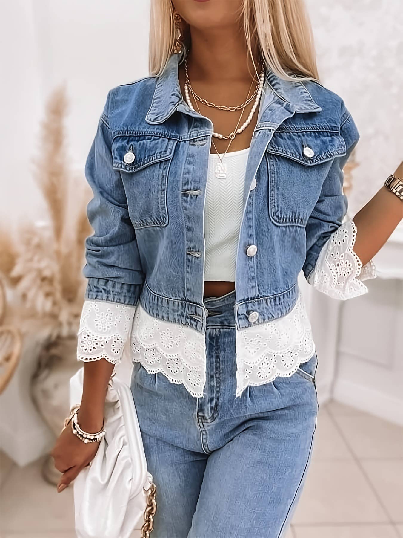 Boho Lace Trim Denim Jacket