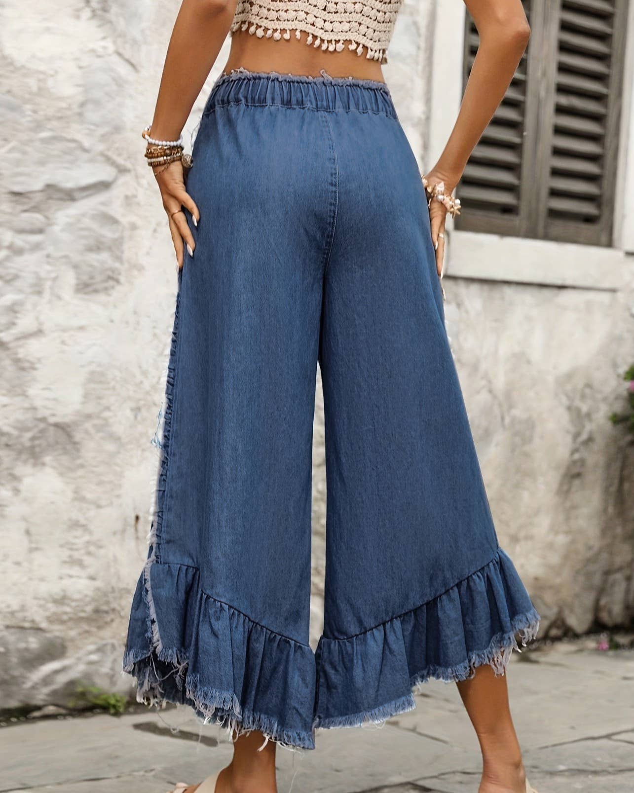 Ruffle Frayed Denim Palazzos