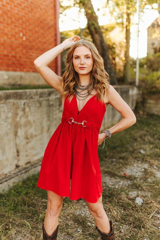 Red Spaghetti Strap Horse Snaffle Buckle Dress