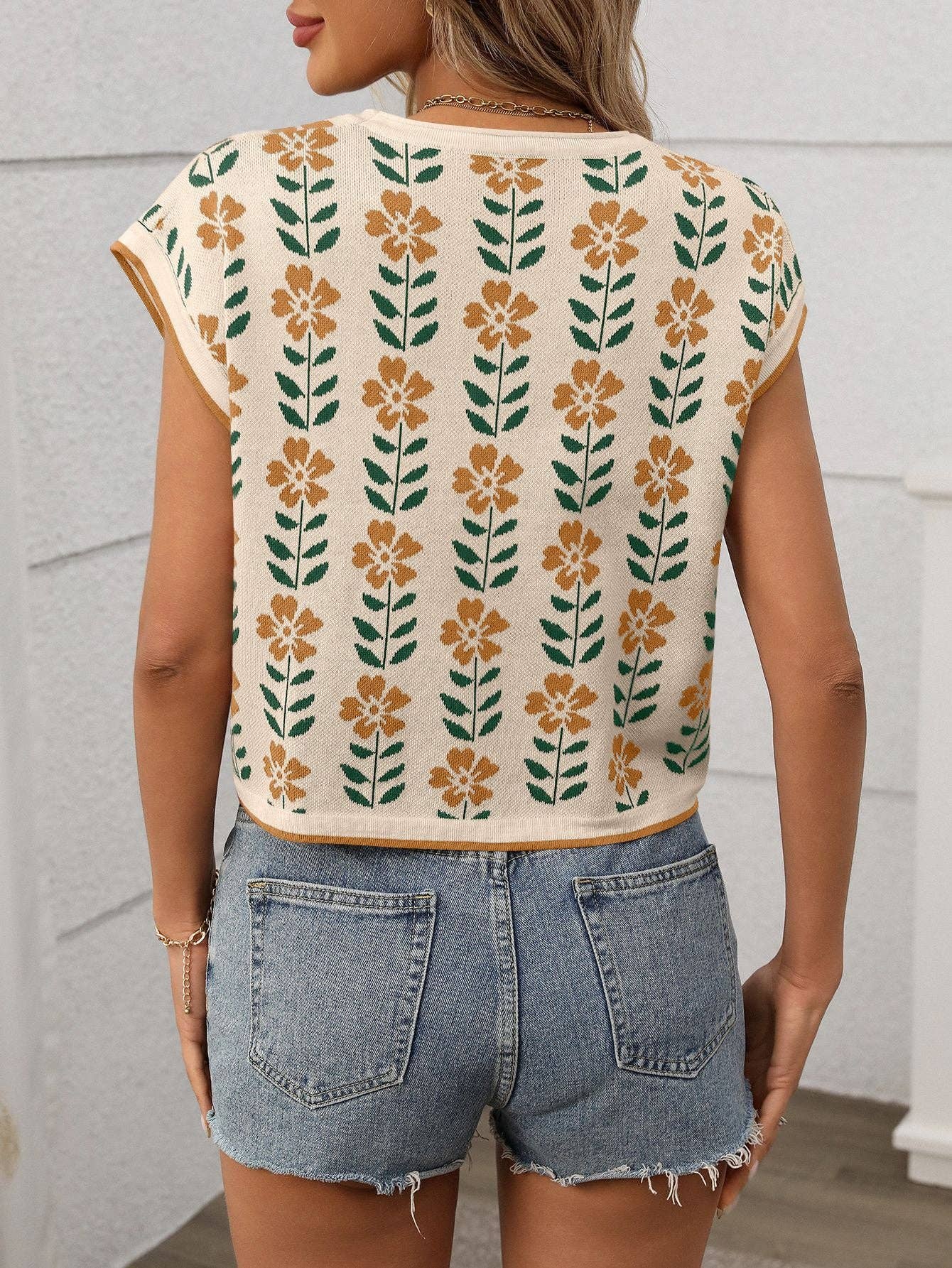 Vintage Floral Knit Crop Top Cap Sleeve Tee
