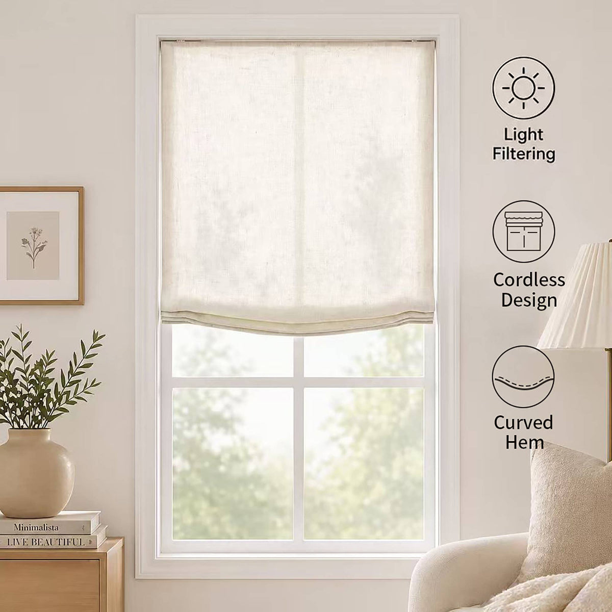 Linen Relaxed Roman Shade : Natural / 48"W x 64"L