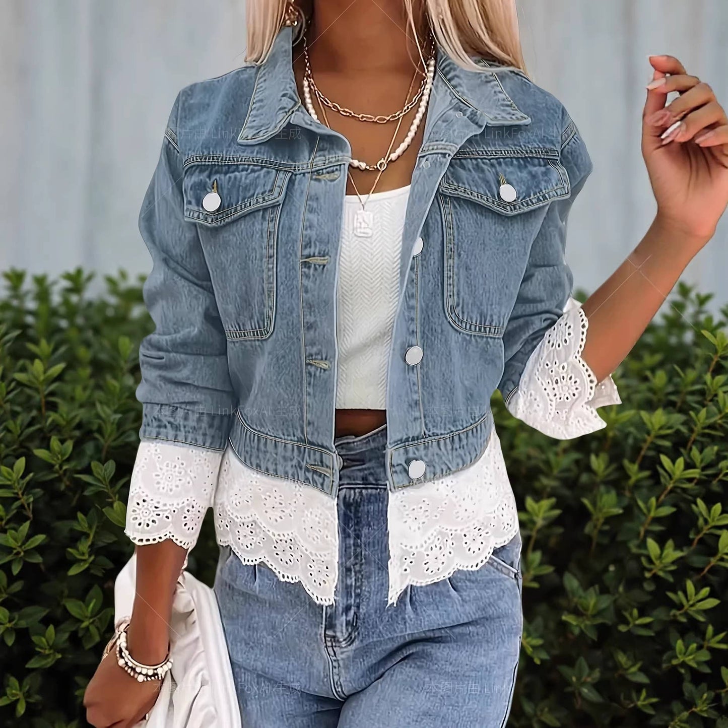 Lace Hem Patchwork Cropped Denim Jacket: DarkGray / XL