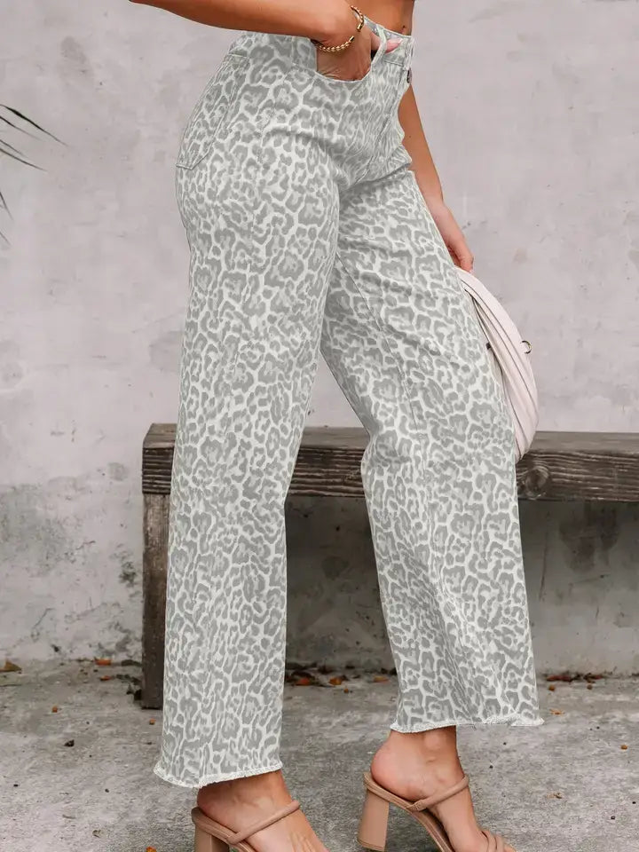 Gray Leopard Frayed Edge Wide Leg High Waist Jeans