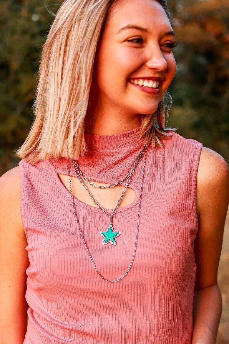 Turquoise Star three-layer silver necklace