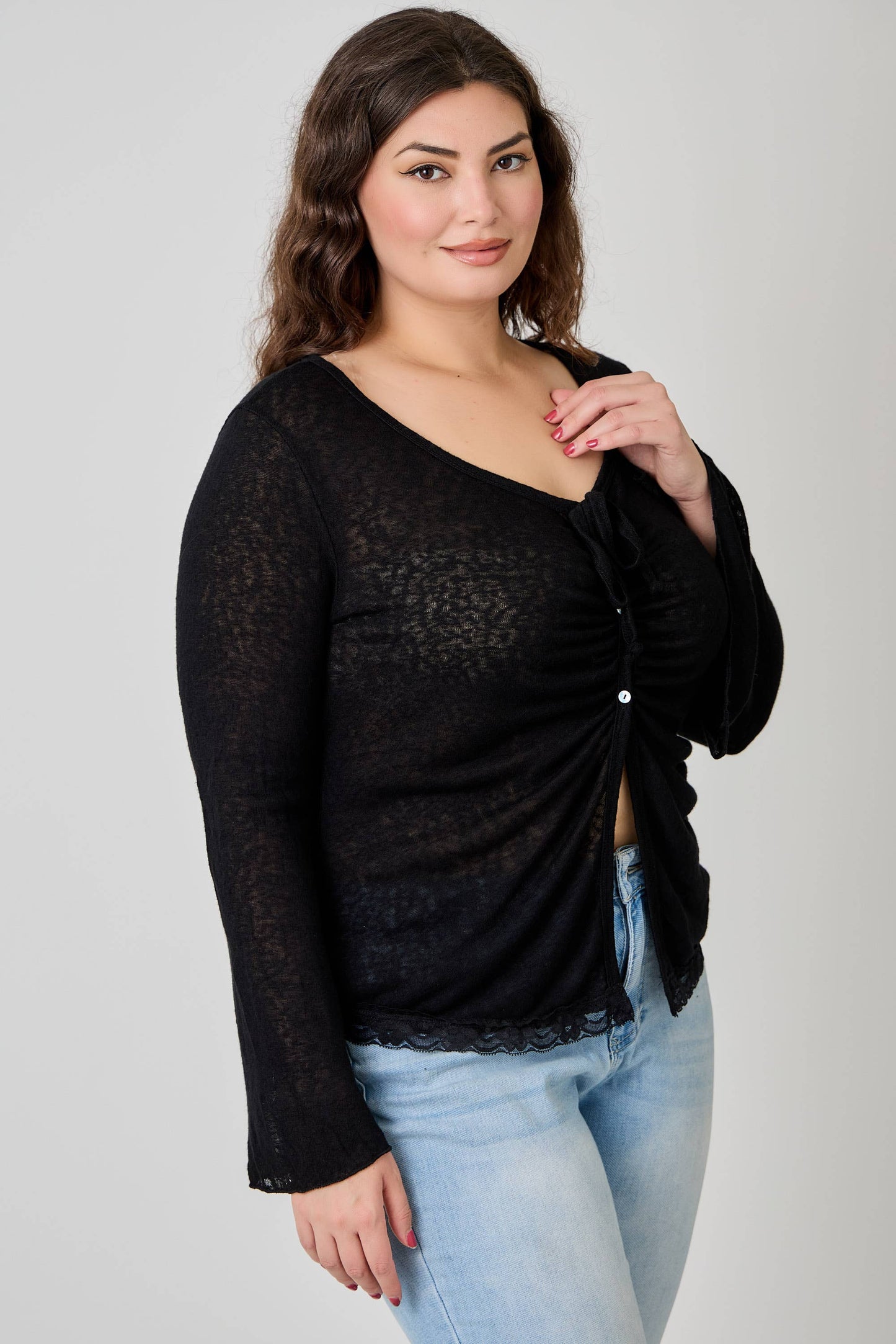 Plus Size Lightweight Knit Front Tie-Front Cardigan