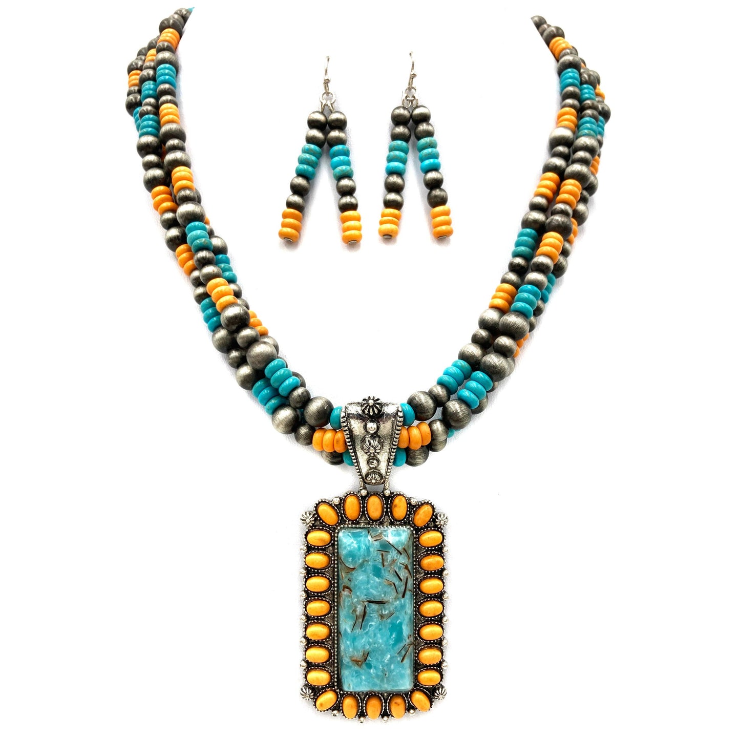 Concho Stone Turquoise Bead Pearl Western Chunky Necklace Set