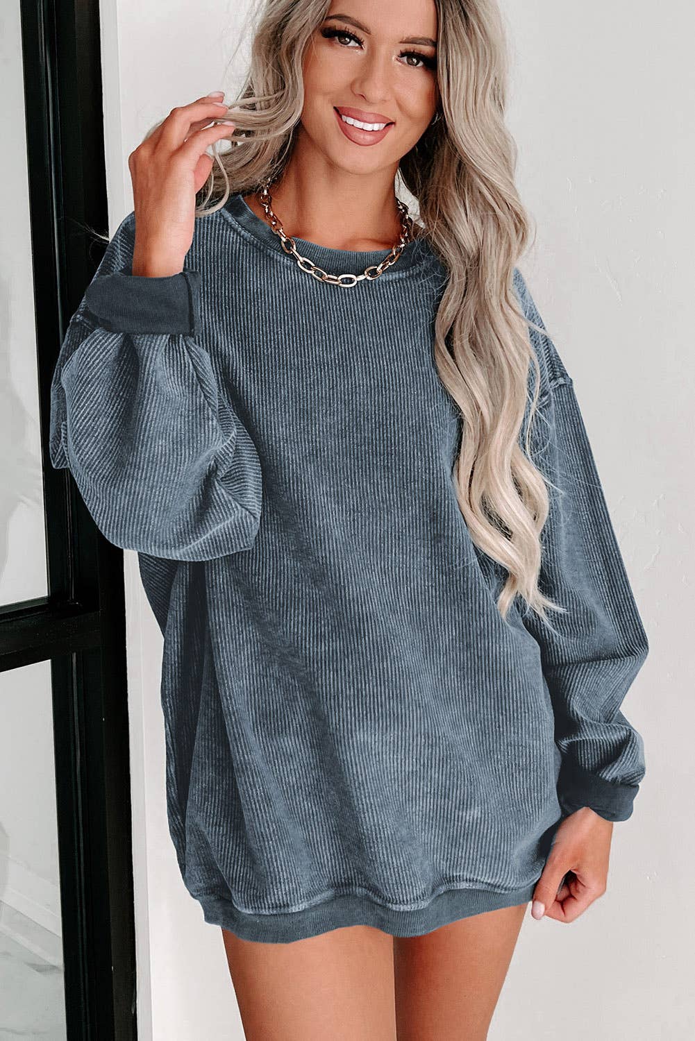 Solid Ribbed Knit Sweatshirt