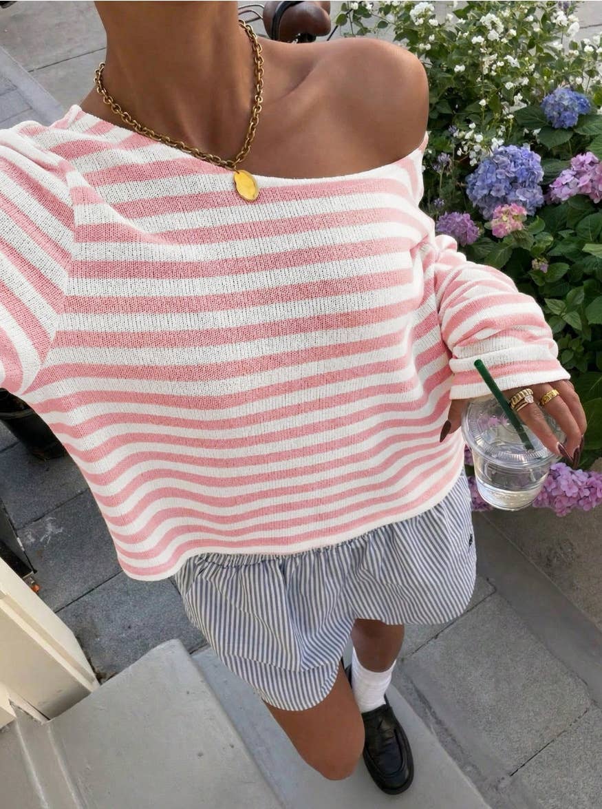 Effortless Chic Off Shoulder Contrast Striped Knit Top: Khaki / M