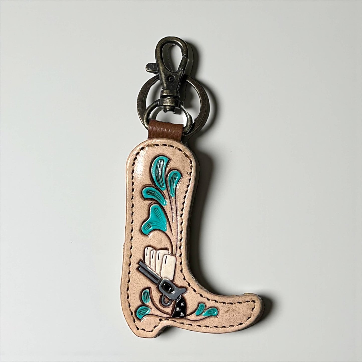 Cowgirl Tooled Leather & Cowhide Keychain 