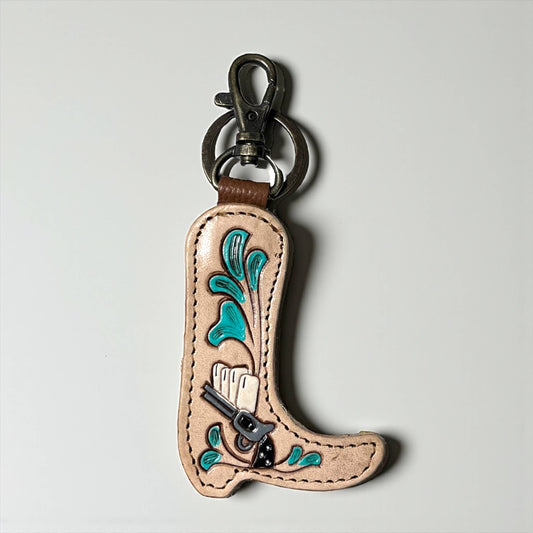 Cowgirl Tooled Leather & Cowhide Keychain 