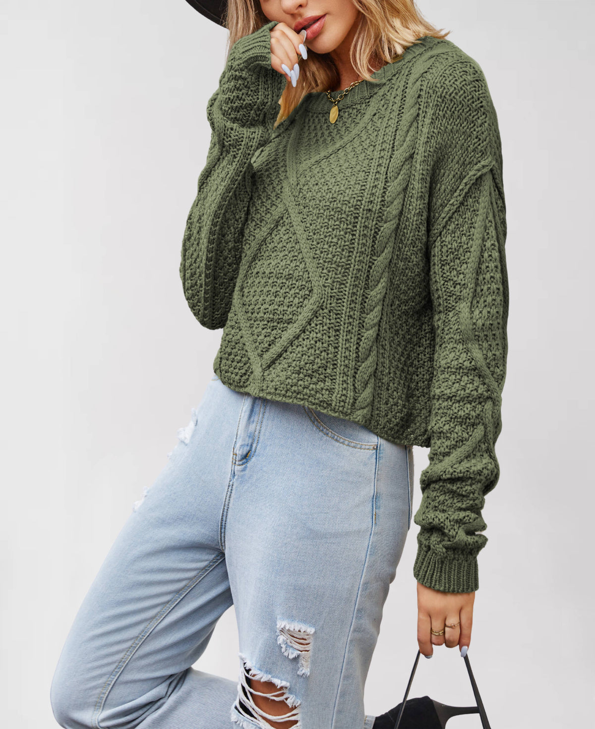 Chunky Cable Knit Pullover Sweater: Brown / Missy / M