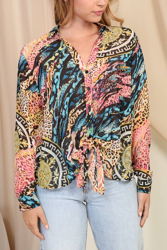 Baroque Mixed Print Tie-Front Blouse