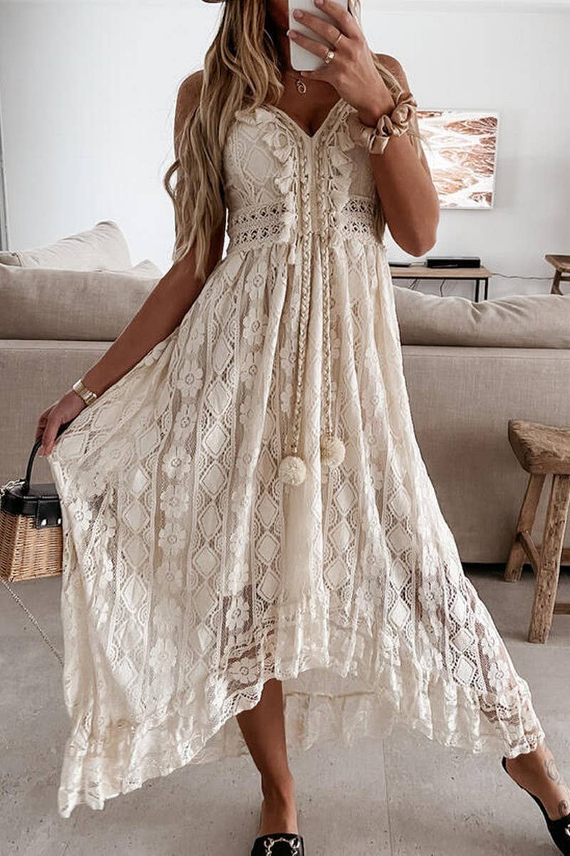 SOLID COLOR LACE SUSPENDER LONG SKIRT DRESS