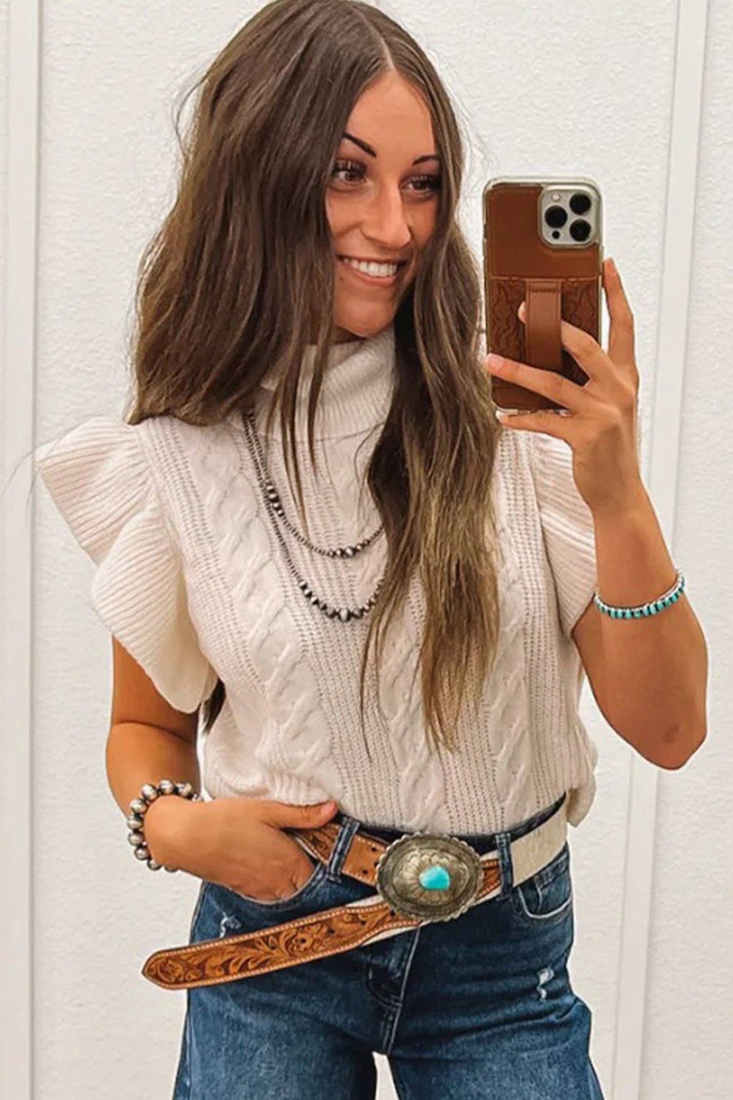 Western Cable Knit Turtleneck Ruffle Sleeve Sweater Top