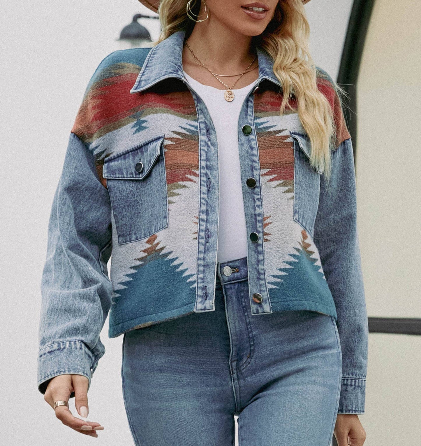 Aztec Patched Denim Cropped Jacket