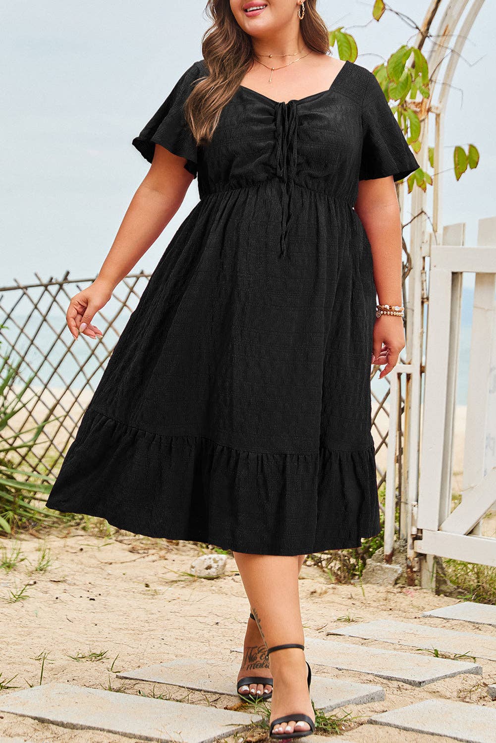Black Plus Size Short Sleeve Lace-up High Waist Midi Dress: Black / 100%Polyester / 2X